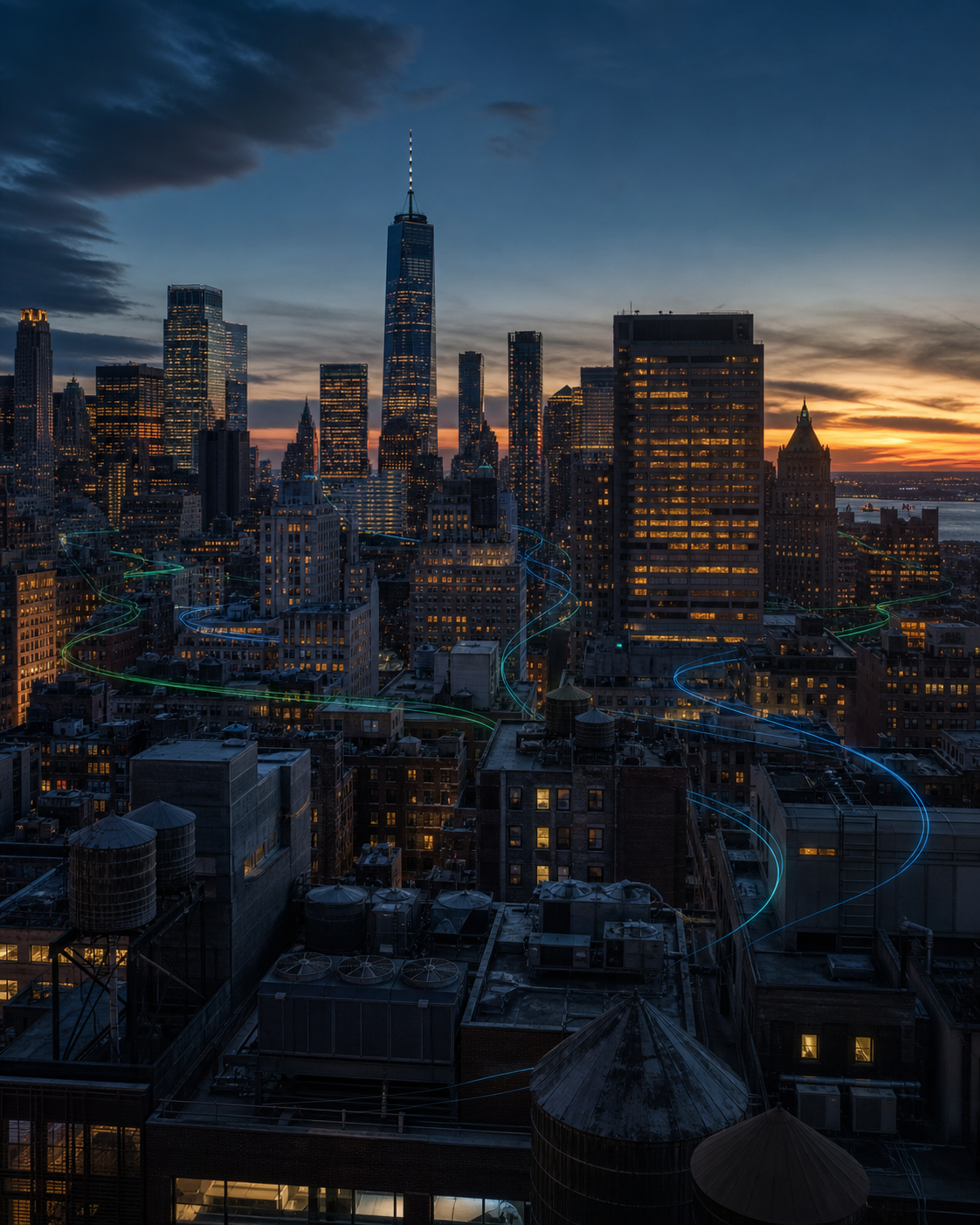 New York City commercial skyline at dusk