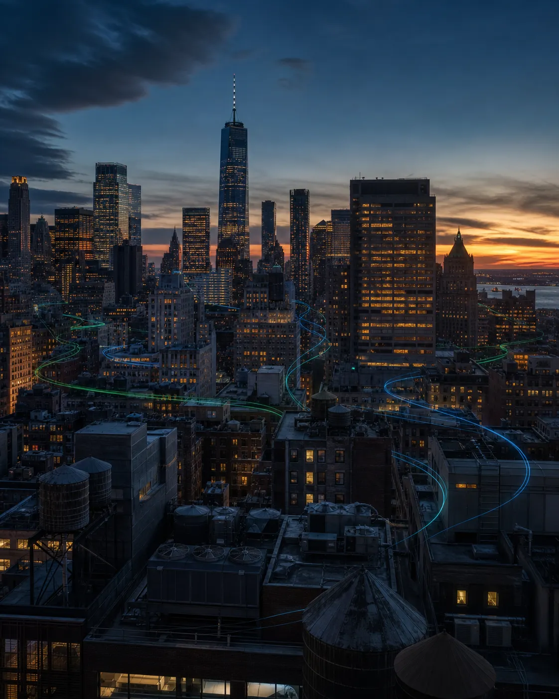 New York City commercial skyline at dusk